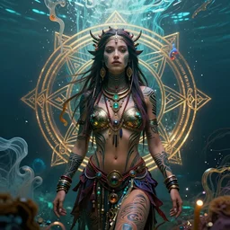 a centered render of an mytical festival hippy with tribal tattoos wearing intricate metallic clothing surrounded by a underwater ink pour and flowing liquid gallium and sacred geometry, perfect body and face, gorgeous, cinematic, beautifully lit, by peter kemp, by karol bak, by donato giancola, 3 d, trending on artstation, octane render, 8 k