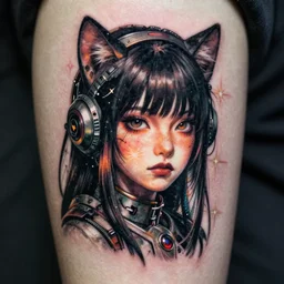 tattoo design, stencil, portrait of a post apocalyptic japanese girl, artgerm, cat girl