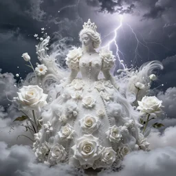 a queen with a white large magnificent more and more vaporous ,wrapped ,hight decorated,detailed ,white roses cotton dress shooting surrounded by a bouquet of abstract white flowers and clouds during lightning storm ,surrealism 8k