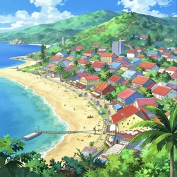 Fantasy tropical port town close-up view of the beach. hidari, color page, tankoban, 4K, tone mapping, Akihiko Yoshida.