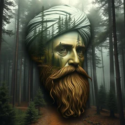 stunning forest landscape, shaped like the face of a wise old man in a turban with a long beard dreamy surrealism, masterpiece, golden mean, award winning