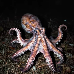 a scary octopus caught on trailcam nightvision footage camera, grainy low quality