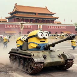 minions driving a tank at tiananman square massacre, historical photo, restored, riot