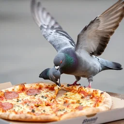 a pigeon eating a pizza with its wings
