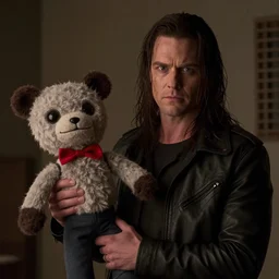 Live Action Still of Jerma in Saw 1 holding the Saw Puppet, real life, hyperrealistic, ultra realistic, realistic, highly detailed, epic, HD quality, 8k resolution, body and headshot, film still