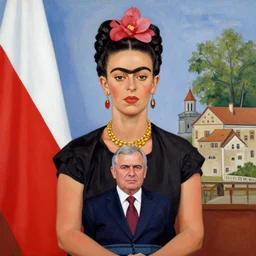 jarosław kaczynski polish politician painted by frida kahlo panoramic shot poland