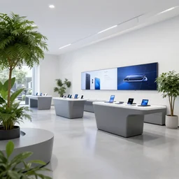 hyperdetailed contemporary samsung store, polished concrete, white walls, digital screens, curved furniture, lush plants.
