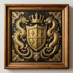 a mystical illustration fantasy wood frame engraving with elegant details, golden border detail ornaments art by fantasy and hearthstone style, centered, facing shot, crowns, dragons!! and royal shields, symmetry!!!, elegant, masterpiece