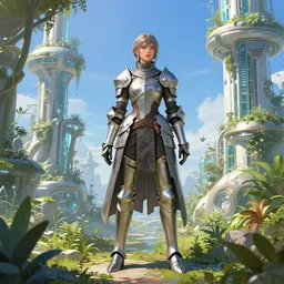 detailed female knight errant in a high tech botanical world with blue skies| pristine metals, glass and plants | solarpunk | artstation | high detail | johfra bosschart, Vincent Callebaut
