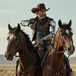 a beautiful portrait of a grizzled cowboy with futuristic cybernetic glowing enhancements, dynamic pose, mounted on a horse, sci - fi, cyberpunk by greg rutkowski, ruan jia, jules bastien - lepage, 8 k