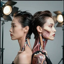 kodak portra, shintaro kago, studio light, fashion photography, symmetrical, head splitting in two, exploded view anatomy, head neck shoulders, conjoined twin, victo ngai, kilian eng, masterpiece, fantastically beautiful, inspired by beksinski, dan mumford, upscale with simon stalenhag work, artstation, 8 k