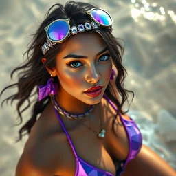masterpiece portrait of a beautiful stunning girl with boho accessories, in violet reflective bikini, glossy, dreamlike beach, fantasy character portrait, dynamic pose, above view, top lighting,, art by artgerm and charlie bowater and fuji choko and viktoria gavrilenko and hoang lap and,, cryengine, lumion render, 8 k realistic, hyper detailed, digital painting, artstation, concept art, realistic shaded, perfect face
