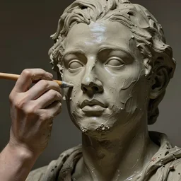 sculpting a human face from wet clay