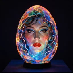 portrait of a plasma energy tron murano candy glass egg designed by david chihuly. made up of glowing electric polygons. cinestill by annie liebowitz