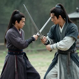 a sword fight between a man and his much younger kid brother. Ruan Jia, Phil Hale