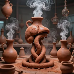 an alchemical laboratory of vapour voices made from ceramic vessels, air flow, clay, no humans, alchemy, vapour, larynx, oesophagus, clay pipes, 8 k, unreal, high resolution, vivid rusty colours,