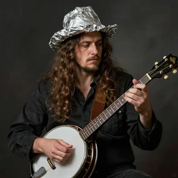 a big man in a tinfoil hat playing banjo