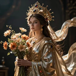 queen of flowers by Annie Swynnerton and Nicholas Roerich, strong dramatic cinematic lighting , ornate headdress , flowing robes, lost civilizations, smooth, sharp focus, extremely detailed