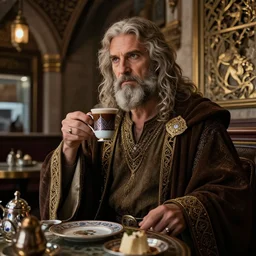 medium angle shot of elrond, lord of rivendell, bearer of vilya, vice - regent and herald to gil - galad, having a cup of turkish coffee in a coffee house in istanbul, a sense of serenity, low contrast, cinecolor, lumen reflections, insanely detailed and intricate, hypermaximalist, elegant, ornate, fantasy art, super detailed, by caspar david friedrich, by tolkien