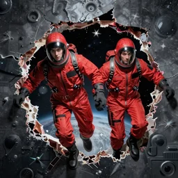 two scientists wearing red rick owens hazmat suits escaping the tear in the space time continuum by frank frazetta