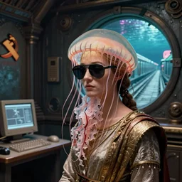 closeup view of a female jellyfish human hybrid wearing roman clothing and visor shades, inside of a dimly lit Roman villa with a soviet computer console and a large portal on the wall with an exterior view of a NewYork subway station that is underwater, ektachrome photograph, volumetric lighting, 35mm f8 aperture