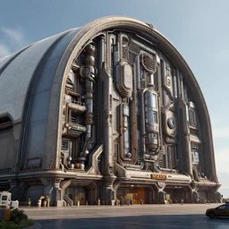 3 d sculpt of massive rounded rectangular hangar maschinen krieger cyberpunk sydney opera house'scifi digital movie camera'' power station'complex industrial military building facade, halo, star wars, ilm, star citizen halo, mass effect, high tech industrial, artstation unreal