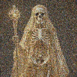 front photo of a skeleton intricately carved and decorated, draped in diaphanous gilded fabric, holding a scepter with glowing gems, low light, gold filigree, 4 k, trending on artstation, photorealistic, volumetric lighting, octane render