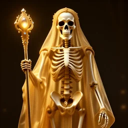 front photo of a skeleton intricately carved and decorated, draped in diaphanous gilded fabric, holding a scepter with glowing gems, low light, gold filigree, 4 k, trending on artstation, photorealistic, volumetric lighting, octane render
