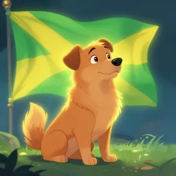 beautiful picture of short fur caramel dog and a green and yellow flag, glowing colors, fantasy art, trending on artstation, cgsociety, nice composition, great fantasy mood, classic Disney mood