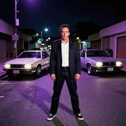 80s dressed Nicolas Cage posing and in the background there two 80s sports cars parked on a deserted city street at night time, purple lighted street, wide angle, cinematic, retro-wave vibes, grainy, soft motion blur