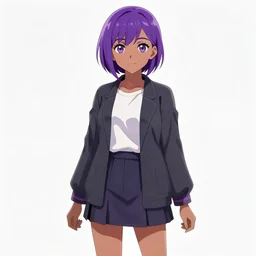 character design of anthy himemiya as a college student, short purple hair, brown skin, tokyo fashion, detailed anime character art, tomboy, concept art, portrait, japanese streetwear, dramatic pose, shoujo manga character design, character art, urban, vibrant, highly detailed, full body, Akihiko Yoshida