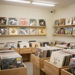 inside of a record shop, 1960s saturday morning cartoon background, soft pastel colors