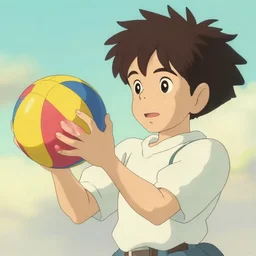 a young boy with ball with a pastel aesthetic, studio ghibli, character design, fantasy, 8 k resolution
