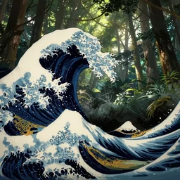 digital art of the great wave off kanagawa in a fairy forest