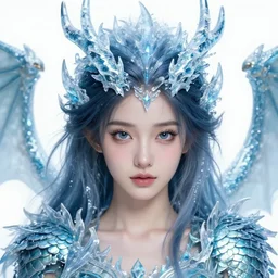 character concept art of a woman with ice dragon horns and wings | | very anime, dragon scales, cute - fine - face, pretty face, realistic shaded perfect face, fine details by stanley artgerm lau, wlop, rossdraws, james jean, andrei riabovitchev, marc simonetti, and sakimichan, tranding on artstation