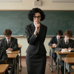 rgb, thin, woman, model, short black curly hair, professor clothes, nerdy, in a classroom, shy, amazing composition & dynamic posing, by franz xavier leyendecker, wlop! muted colors, highly detailed, fantasy art by craig mullins, thomas kinkade cfg _ scale 9