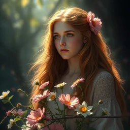 1 4 year old goddess of flowers. long ginger hair. atmospheric lighting. highly detailed digital painting by greg rutkowski. sharp focus, 8 k.