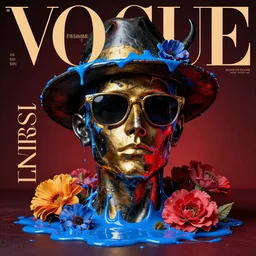 a head made out of melting metal, it is of black and golden and red color, it is wearing sunglasses and a hat, there are flowers all around it, blue paint melting, vogue cover style, greg rutkowski style, demonic style, artgerm style, thomas kinkade style