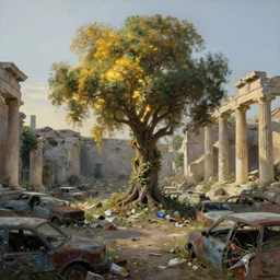 a tree growing in ancient greek ruins, gray wasteland, many scrap cars, trash, rubble, overgrown, pillars and arches, flowers, vines, trees, hyperrealistic, highly detailed, cinematic, single ray of golden sunlight shining on the tree, beautiful, cgssociety, artstation, 8 k, oil painting by greg rutkowski, by artgerm, by wlop