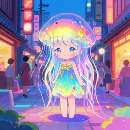 jellyfish fairy princess in the streets of japan, chibi cute anime scenery | a concept of melancholic euphoric heartshine in the crush of oblivion. the vibrancy of nouveau is gilded with hollow - wishes. trending on artstation. vivid neon ink painting.