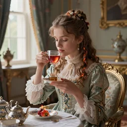 Young victorian princess drinking tea on the royal palace dining room. By Konstantin Razumov, fractal flame, chiaroscuro,highly detailded