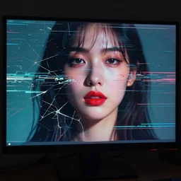 A broken monitor with a calm AI women's face on it. No red lipstick, without makeup, dim colors. Very very very strong glitches on the monitor. The face is blurry with glitches. Extremely high detail, glitchcore, glitches, glitch, cyberpunk, 8k render