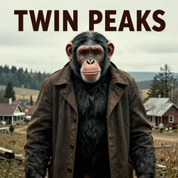 Twin Peaks movie poster artwork by Michael Whelan and Tomer Hanuka, Rendering of a chimpanzee in a lap coat, small rural town in background, from a scene from Twin Peaks, clean, full of detail, Matte painting, trending on artstation and unreal engine