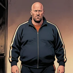 overweight jason statham in a track suit, judgmental, graphic novel style