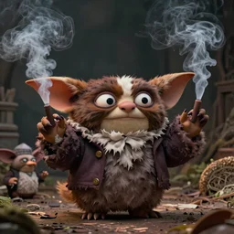 realistic detailed image of a giant Gremlins smoking and dancing, still from a movie by Terrence Malick, Tarkovsky, Gaspar Noe, James Cameron, intricate artwork by Tooth Wu and wlop and beeple, greg rutkowski, very coherent symmetrical artwork, cinematic, hyper realism, high detail, octane render, unreal engine, 8k, Vibrant colors, Smooth gradients, High contrast, depth of field