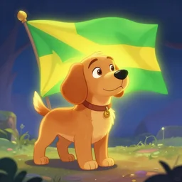 beautiful picture of caramel dog and a green and yellow flag, glowing colors, fantasy art, trending on artstation, cgsociety, nice composition, great fantasy mood, classic Disney mood