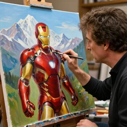 a closeup photorealistic photograph of bob ross in his studio, creating a canvas painting of iron man. mountain scape. film still, vibrant colors. this 4 k hd image is trending on artstation, featured on behance, well - rendered, extra crisp, features intricate detail, epic composition and the style of unreal engine.