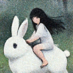 a beautiful girl riding a giant white rabbit. the girl has long hair and black eyes. finely detailed face. rainy day. digital art. in the style of miyazaki. trending on artstation.