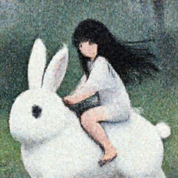 a beautiful girl riding a giant white rabbit. the girl has long hair and black eyes. finely detailed face. rainy day. digital art. in the style of miyazaki. trending on artstation.