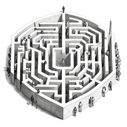 An intricate maze with thousands people, drawn by M.C. Escher